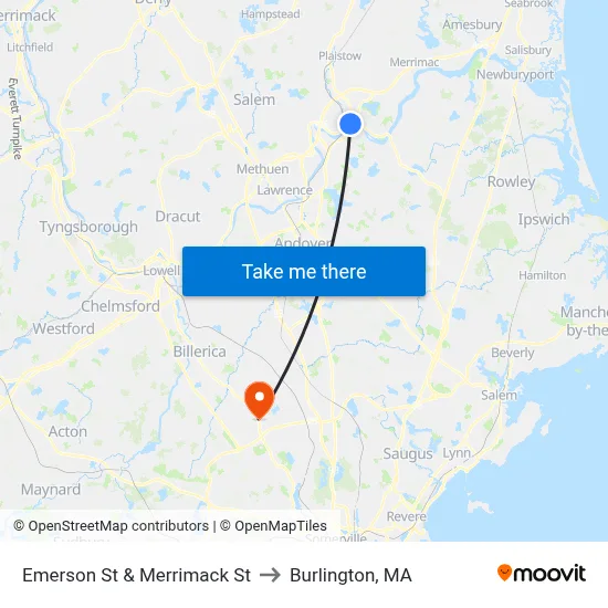 Emerson St & Merrimack St to Burlington, MA map