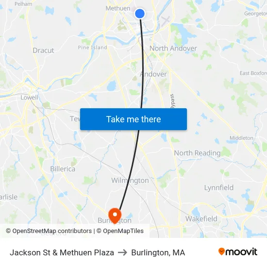 Jackson St & Methuen Plaza to Burlington, MA map