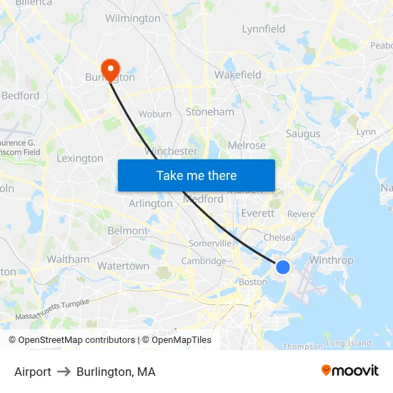 Airport to Burlington, MA map