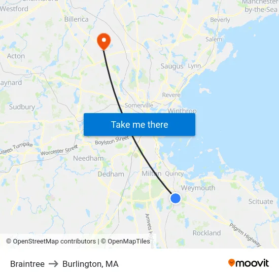 Braintree to Burlington, MA map