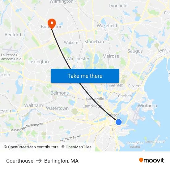 Courthouse to Burlington, MA map