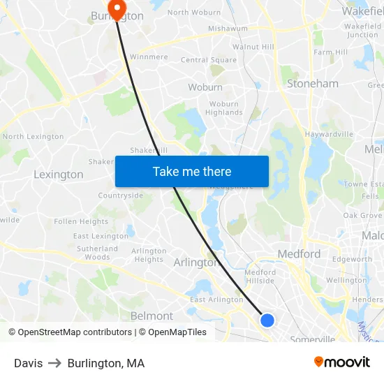 Davis to Burlington, MA map