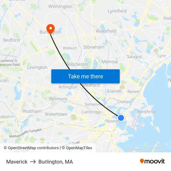 Maverick to Burlington, MA map