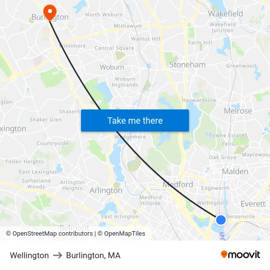 Wellington to Burlington, MA map