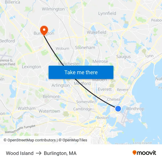 Wood Island to Burlington, MA map