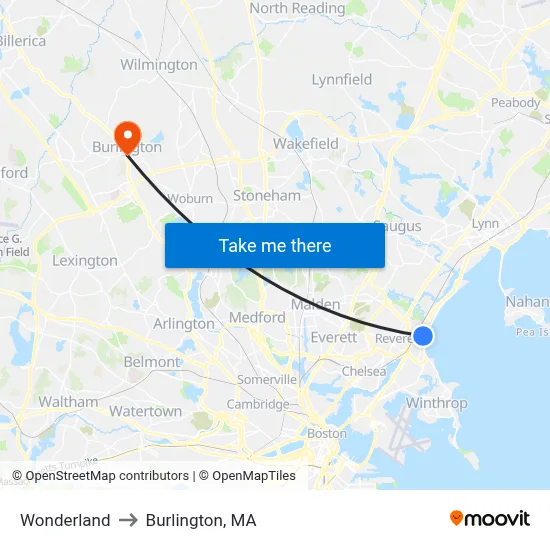 Wonderland to Burlington, MA map