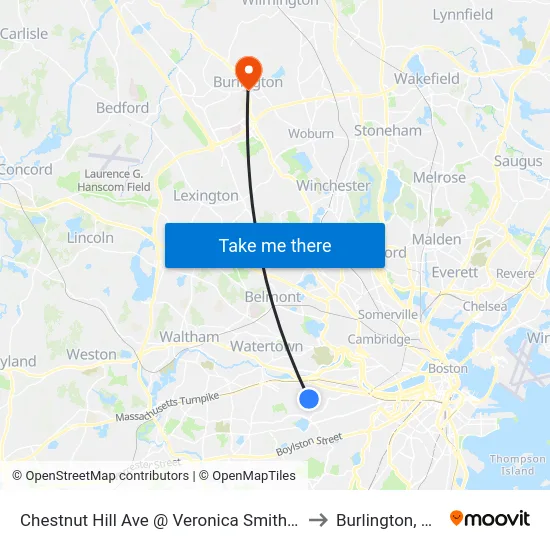 Chestnut Hill Ave @ Veronica Smith Ctr to Burlington, MA map