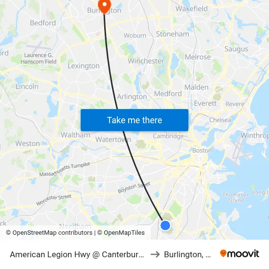 American Legion Hwy @ Canterbury St to Burlington, MA map