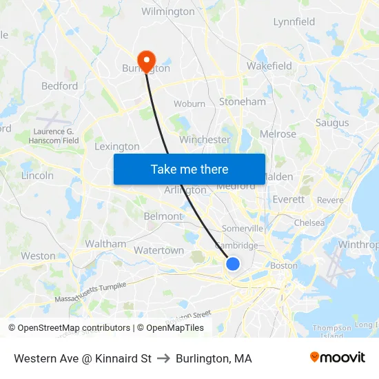Western Ave @ Kinnaird St to Burlington, MA map