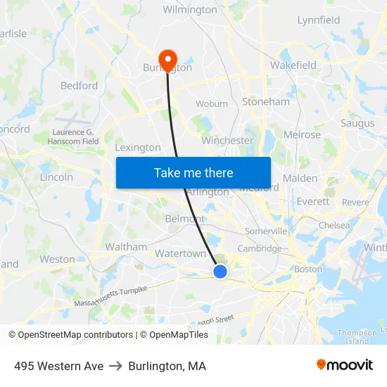 495 Western Ave to Burlington, MA map
