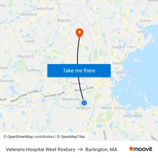 Veterans Hospital West Roxbury to Burlington, MA map