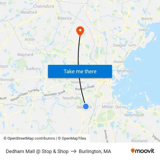 Dedham Mall @ Stop & Shop to Burlington, MA map