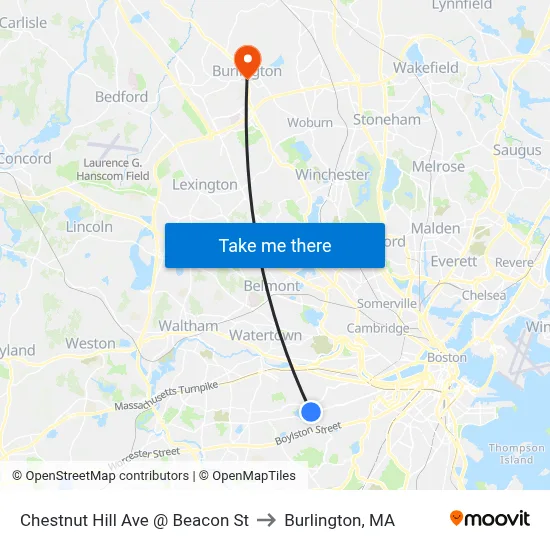 Chestnut Hill Ave @ Beacon St to Burlington, MA map