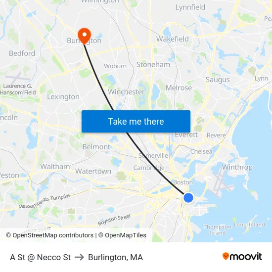 A St @ Necco St to Burlington, MA map