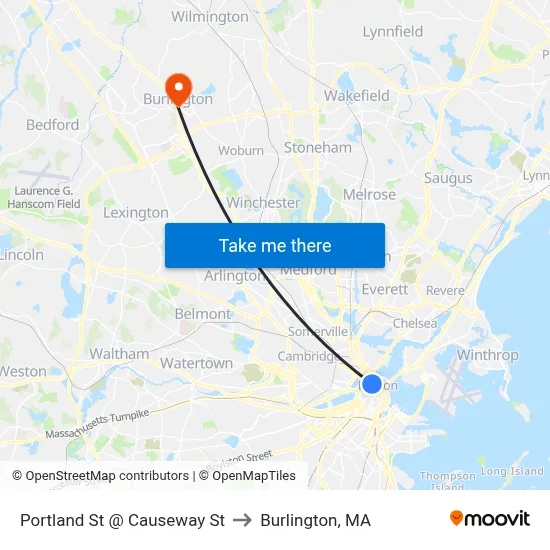 Portland St @ Causeway St to Burlington, MA map