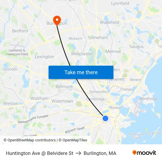 Huntington Ave @ Belvidere St to Burlington, MA map