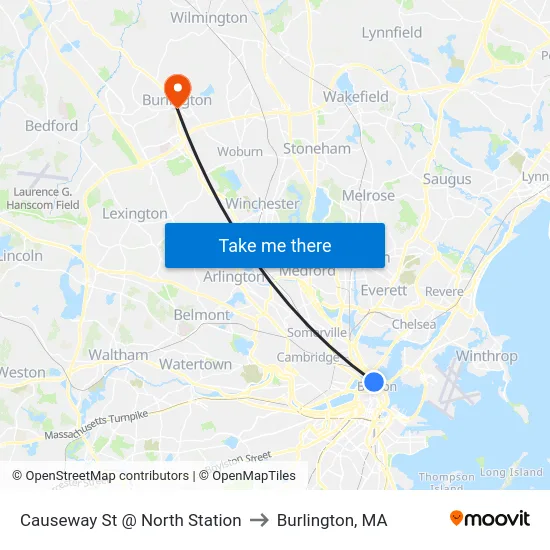 Causeway St @ North Station to Burlington, MA map