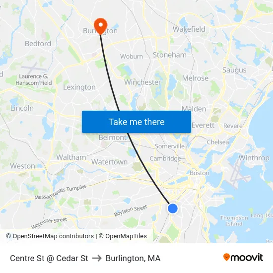 Centre St @ Cedar St to Burlington, MA map