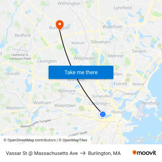 Vassar St @ Massachusetts Ave to Burlington, MA map