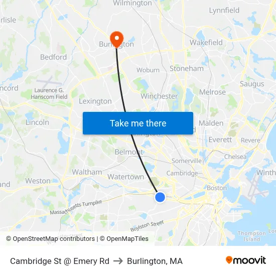 Cambridge St @ Emery Rd to Burlington, MA map