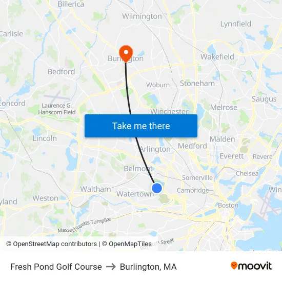 Fresh Pond Golf Course to Burlington, MA map