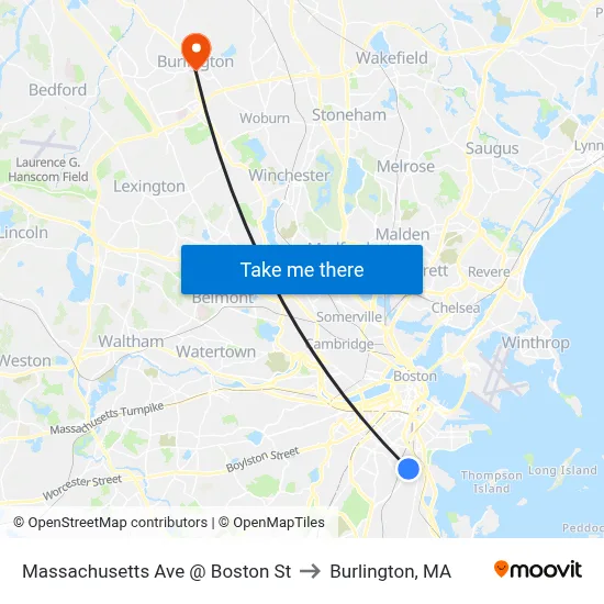 Massachusetts Ave @ Boston St to Burlington, MA map