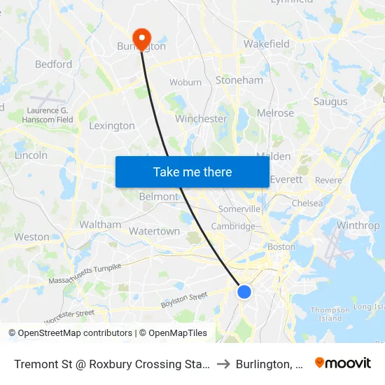 Tremont St @ Roxbury Crossing Station to Burlington, MA map