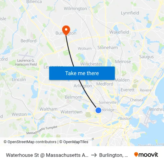 Waterhouse St @ Massachusetts Ave to Burlington, MA map