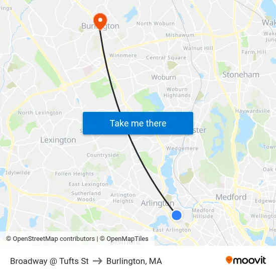 Broadway @ Tufts St to Burlington, MA map