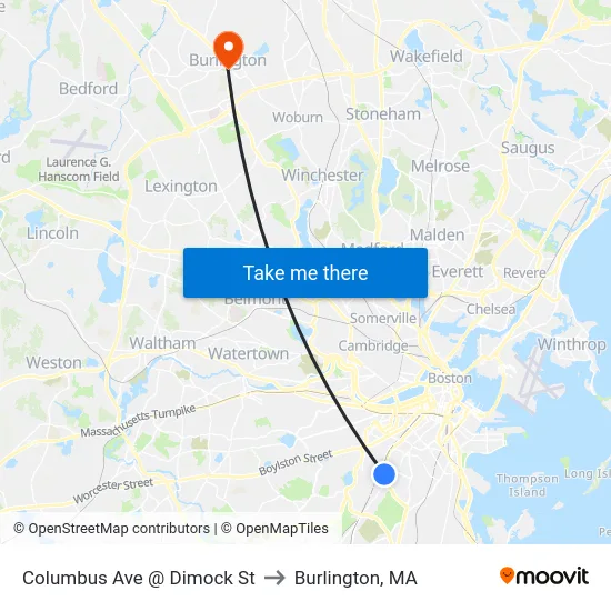 Columbus Ave @ Dimock St to Burlington, MA map