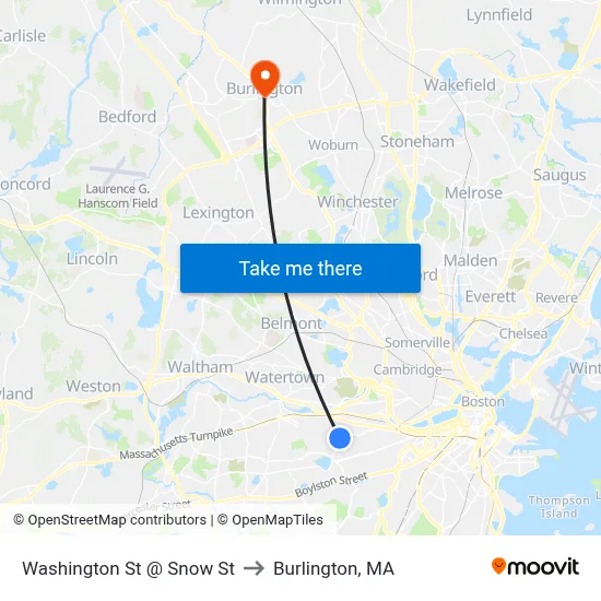 Washington St @ Snow St to Burlington, MA map