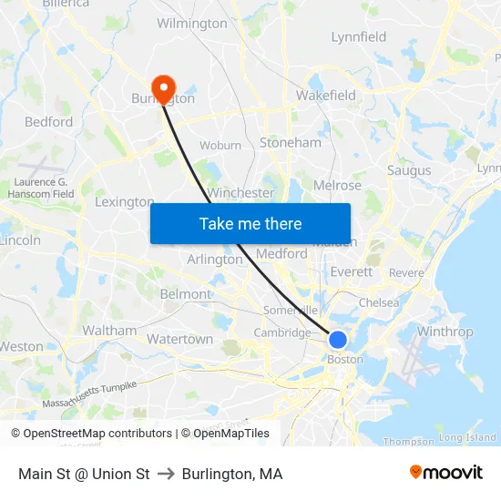 Main St @ Union St to Burlington, MA map