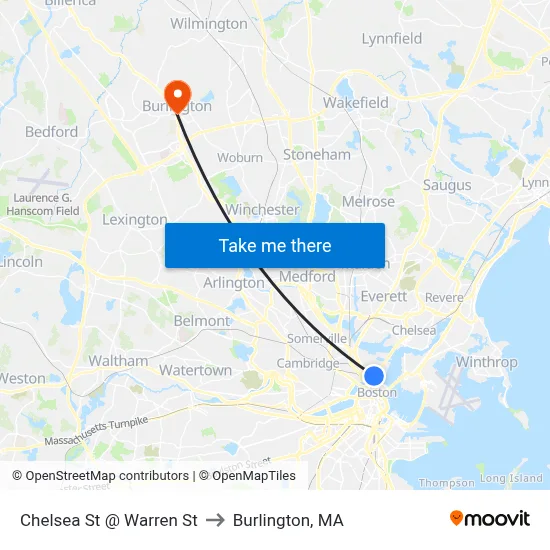 Chelsea St @ Warren St to Burlington, MA map