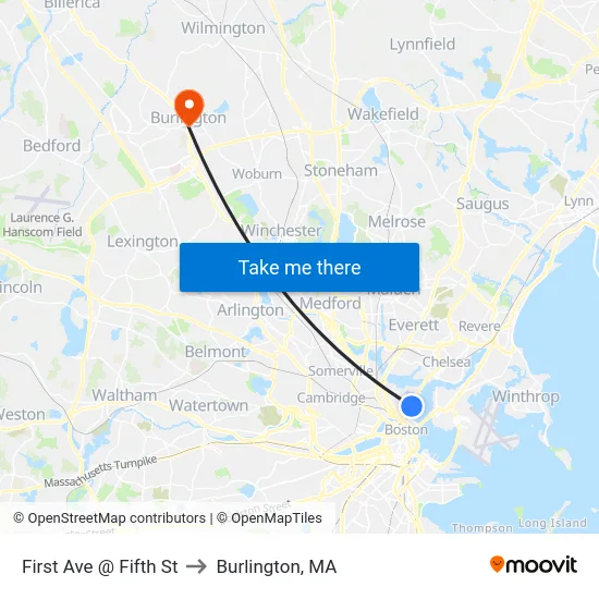 First Ave @ Fifth St to Burlington, MA map