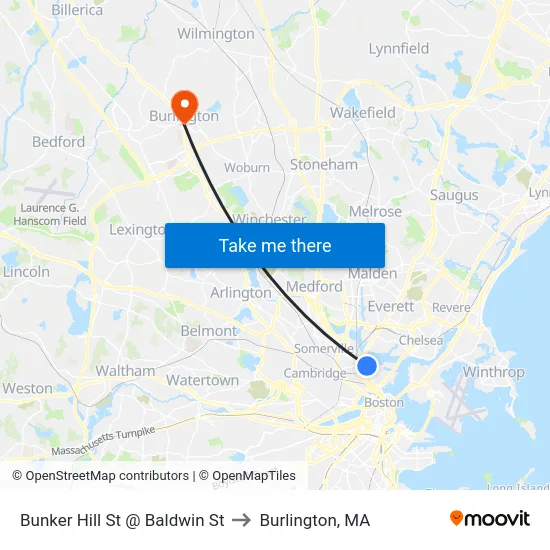 Bunker Hill St @ Baldwin St to Burlington, MA map