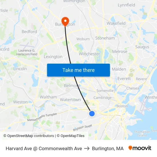 Harvard Ave @ Commonwealth Ave to Burlington, MA map