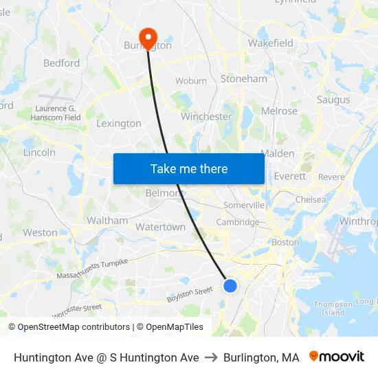 Huntington Ave @ S Huntington Ave to Burlington, MA map