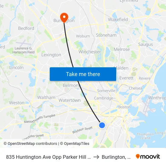 835 Huntington Ave Opp Parker Hill Ave to Burlington, MA map