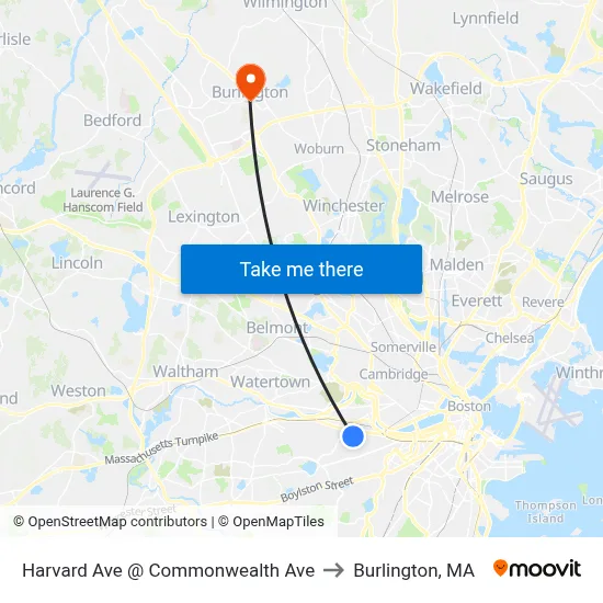 Harvard Ave @ Commonwealth Ave to Burlington, MA map
