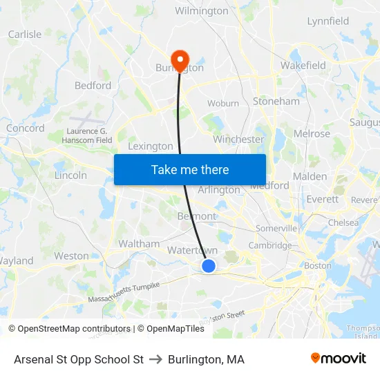 Arsenal St Opp School St to Burlington, MA map