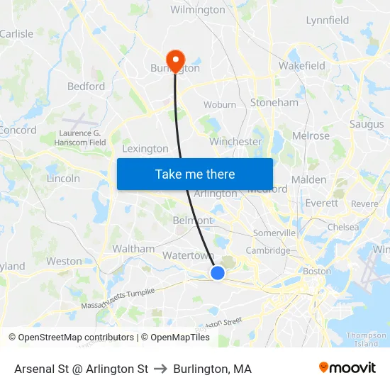 Arsenal St @ Arlington St to Burlington, MA map