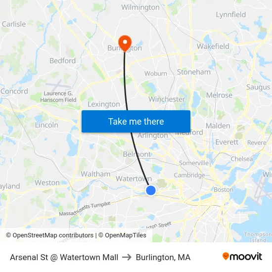 Arsenal St @ Watertown Mall to Burlington, MA map
