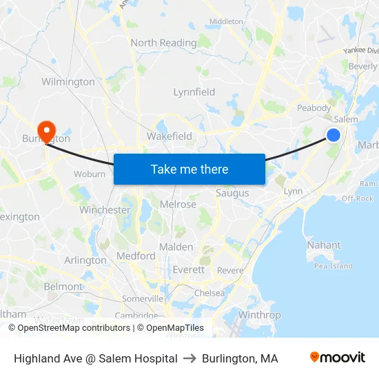 Highland Ave @ Salem Hospital to Burlington, MA map