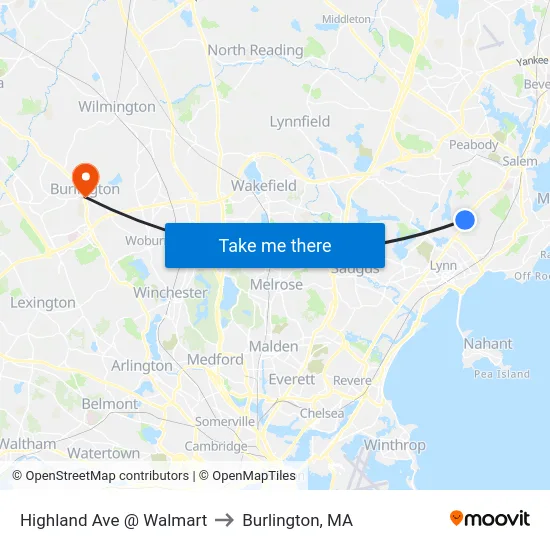 Highland Ave @ Walmart to Burlington, MA map