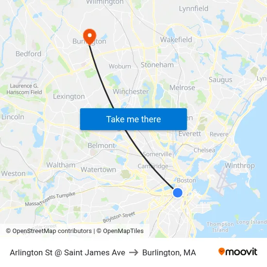 Arlington St @ Saint James Ave to Burlington, MA map