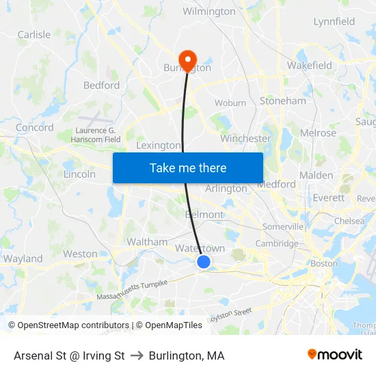 Arsenal St @ Irving St to Burlington, MA map