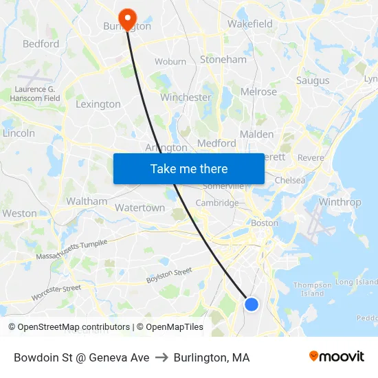 Bowdoin St @ Geneva Ave to Burlington, MA map