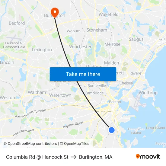 Columbia Rd @ Hancock St to Burlington, MA map
