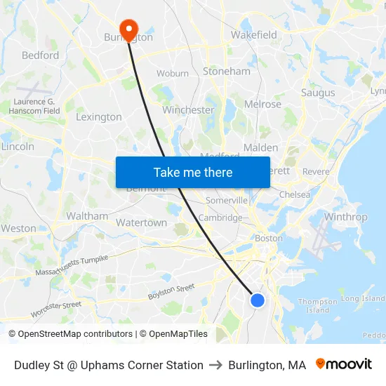 Dudley St @ Uphams Corner Station to Burlington, MA map