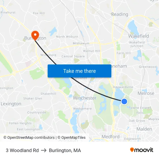 3 Woodland Rd to Burlington, MA map